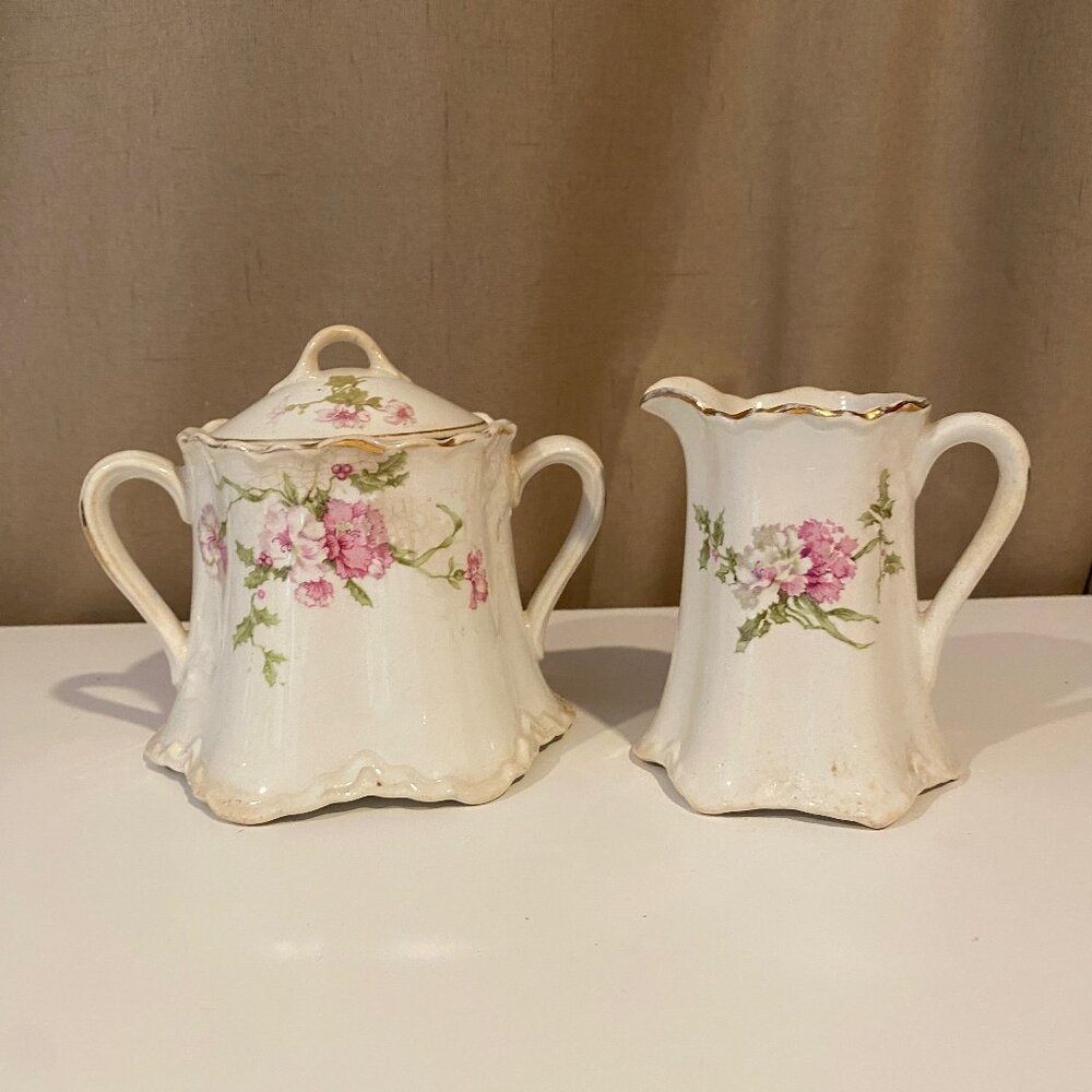 Antique KT&K China Sugar Bowl & Creamer Set Pink Floral 4053, 4 Tall